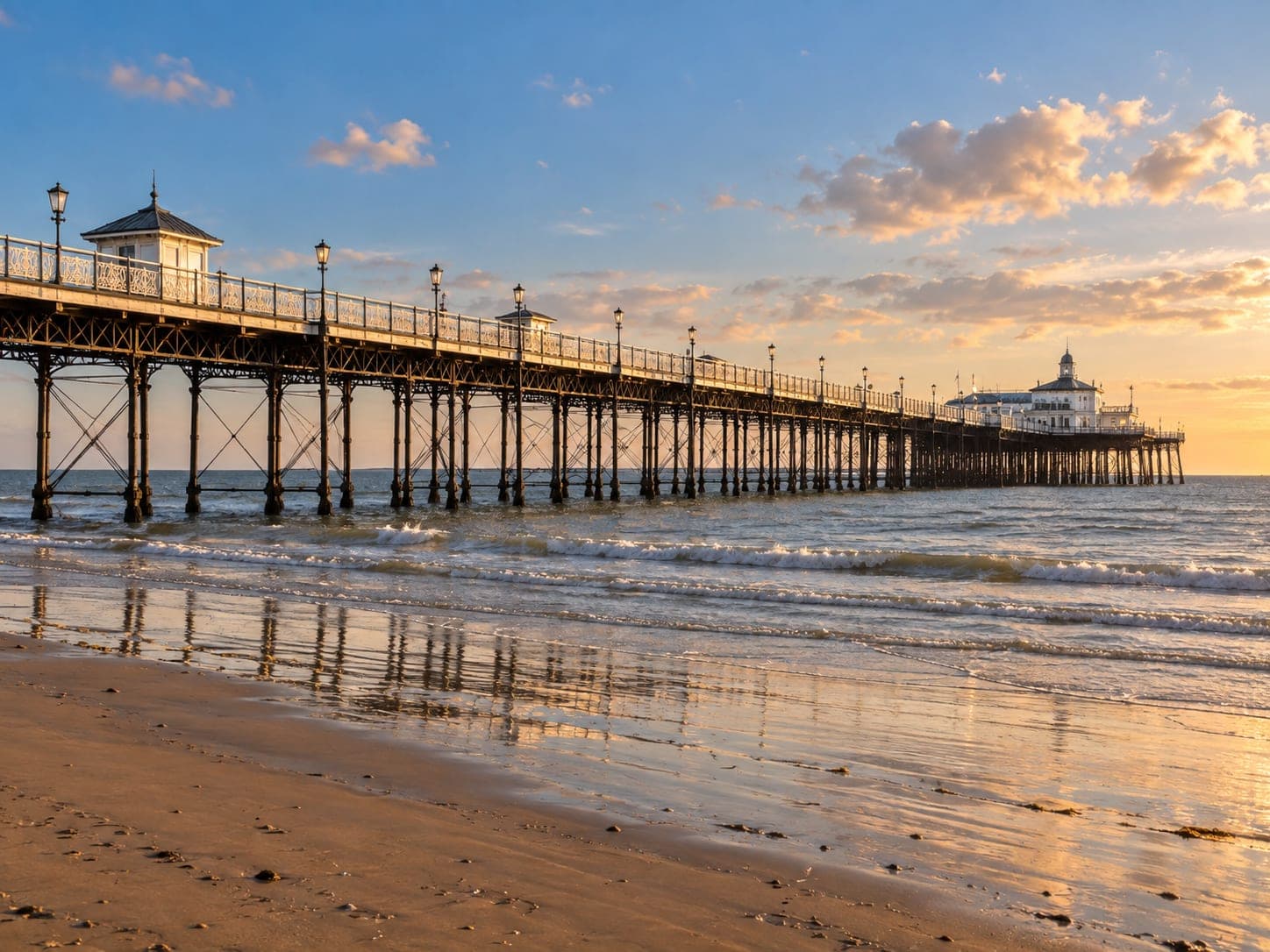 A Victorian seaside pier stretching out over the water at sunset