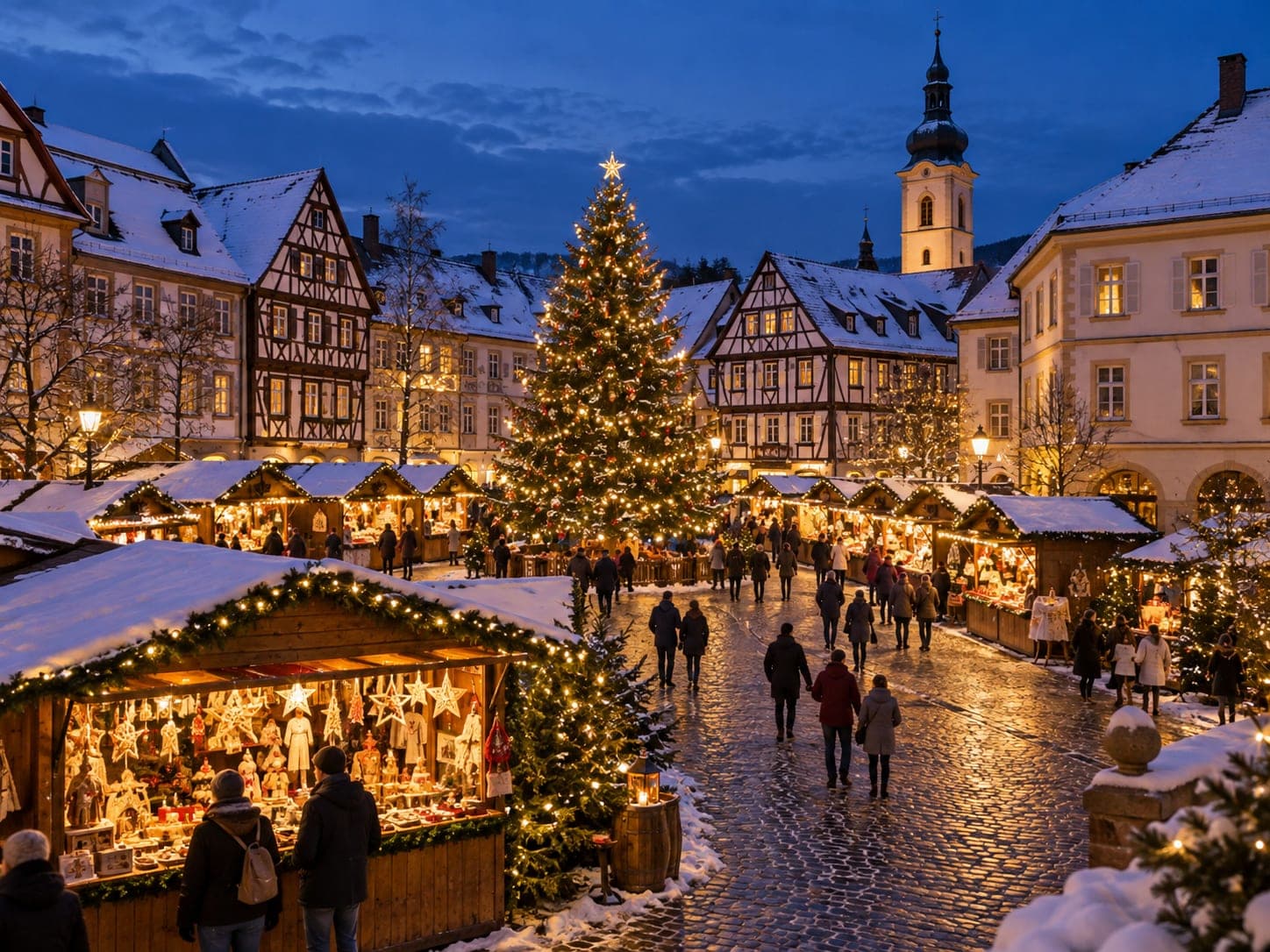 Wooden market stalls lit with warm lights in a European town square at night