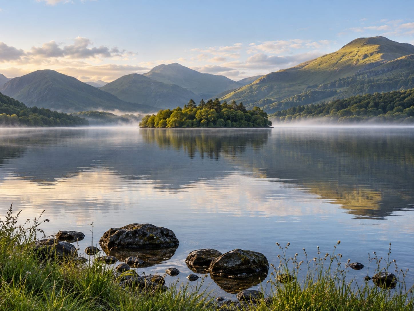 Morning mist lifting off a Lake District tarn with fells rising behind
