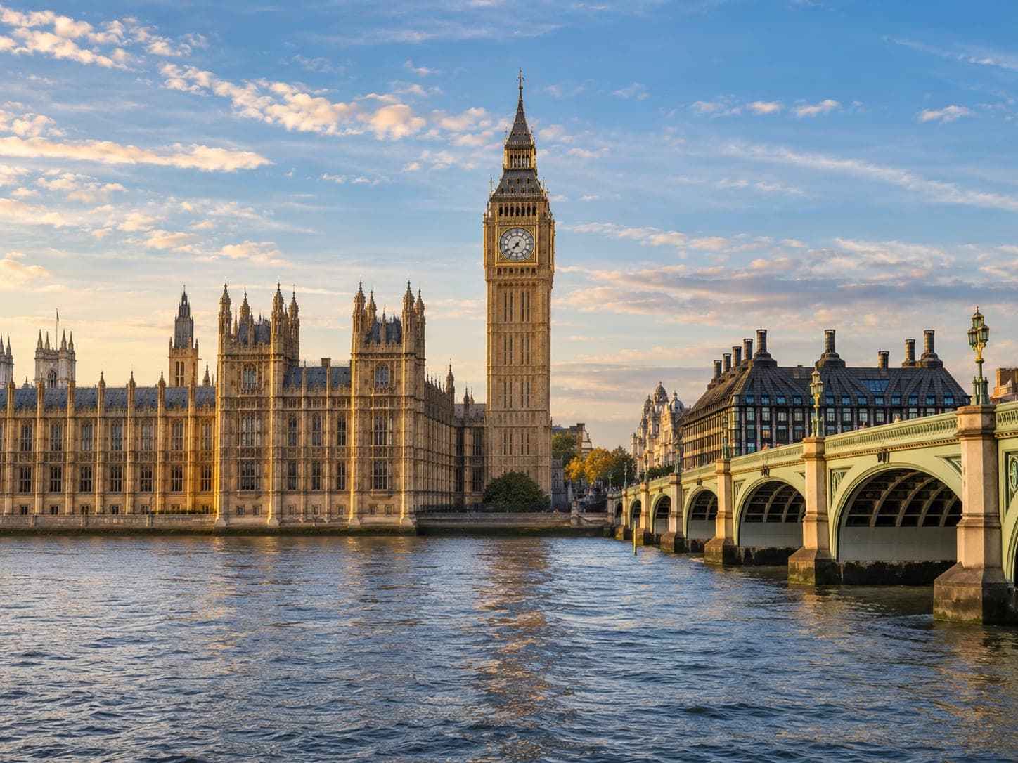 The Houses of Parliament and Big Ben across the Thames beside Westminster Bridge