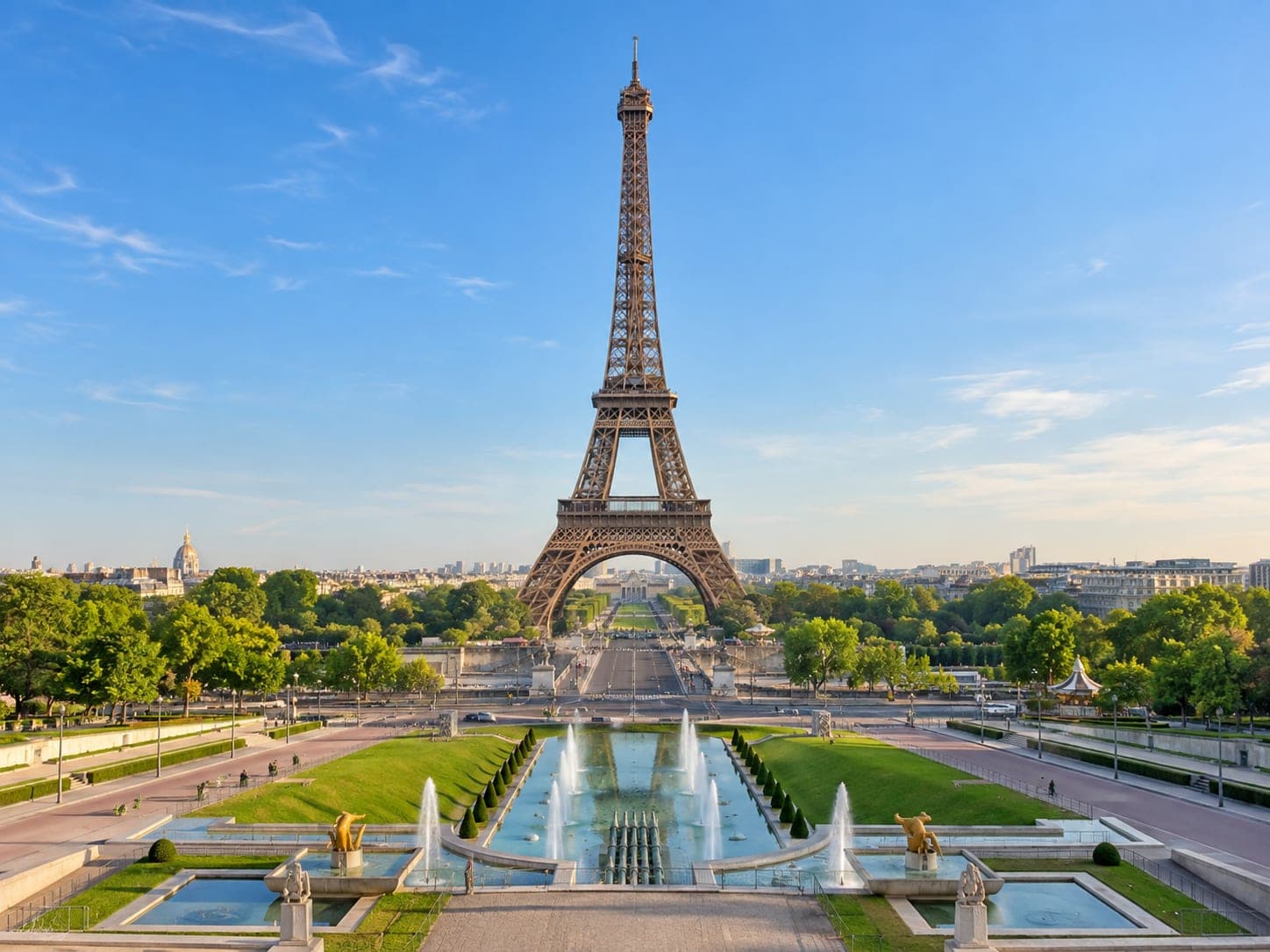 The Eiffel Tower seen from the Trocadéro gardens on a clear morning